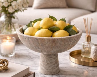 Silver Travertine Pedestal Bowl – Natural Stone Fruit Bowl, Centerpiece Decor