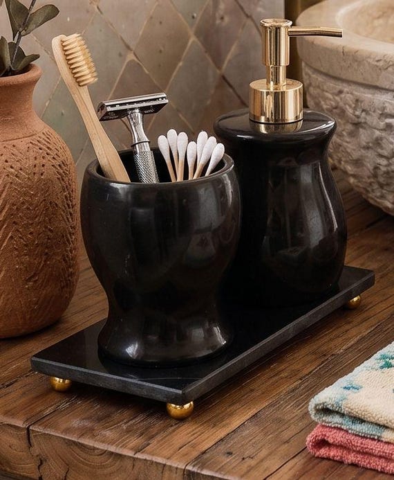 Black Marble Bathroom Set 3 pcs.- Soap Dispenser, Tray & Toothbrush Holder