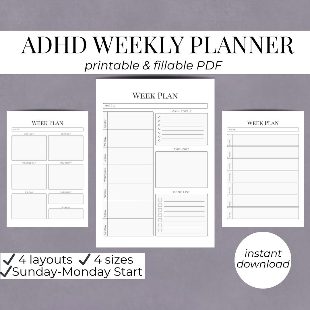 ADHD Weekly Planner Printable | Weekly ADHD Planner | Weekly Focus ...
