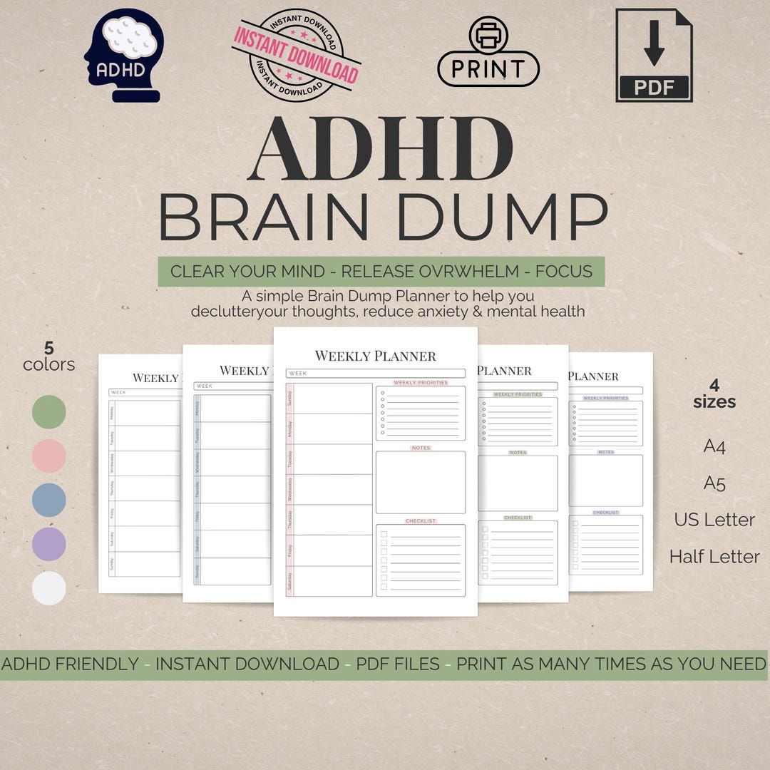 Adhd Overthinking ADHD Brain Dump Printable PDF, Overthinking Planner, Mental Clarity ...