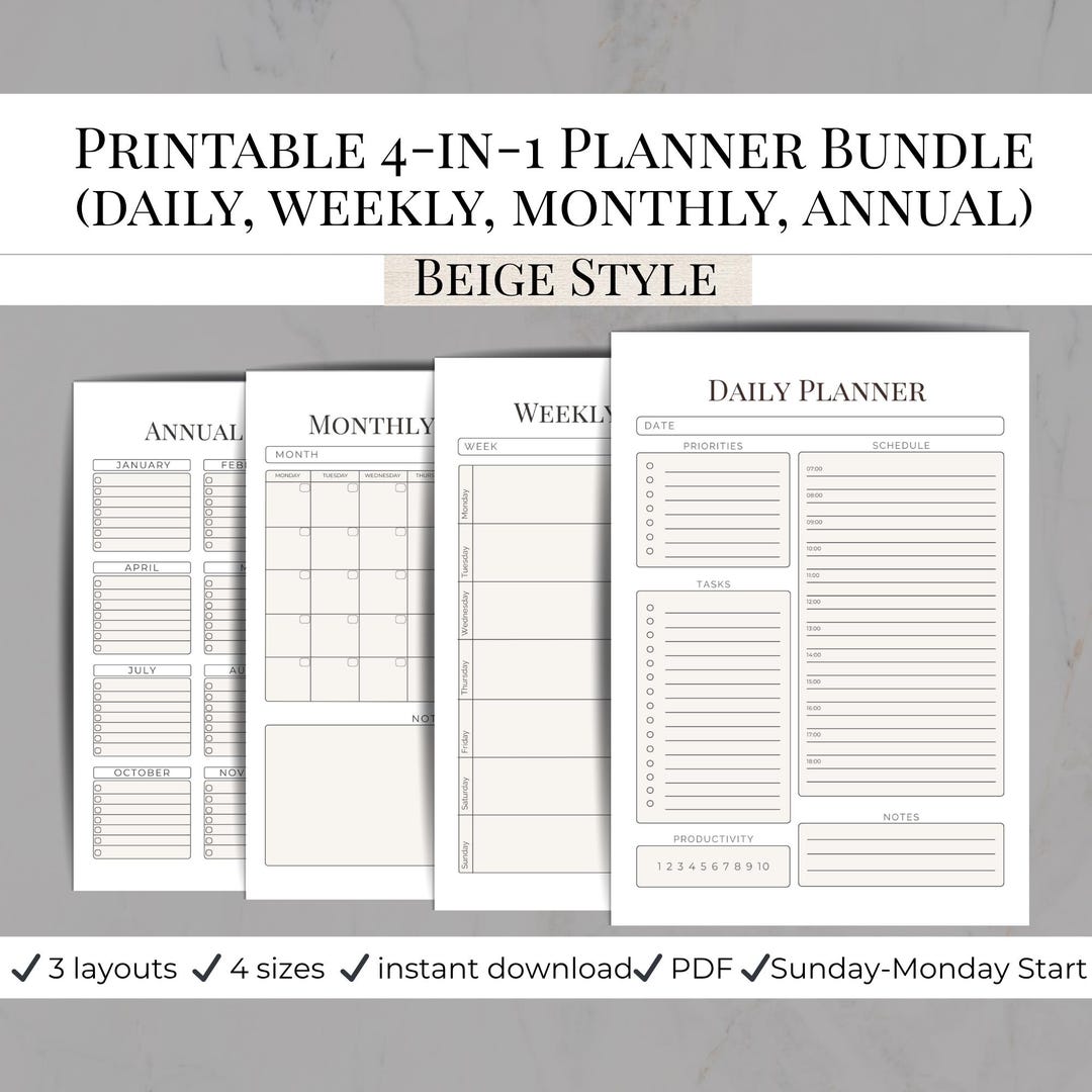 Printable Beige 4-in-1 Planner Bundle | Daily Weekly Monthly Annual ...