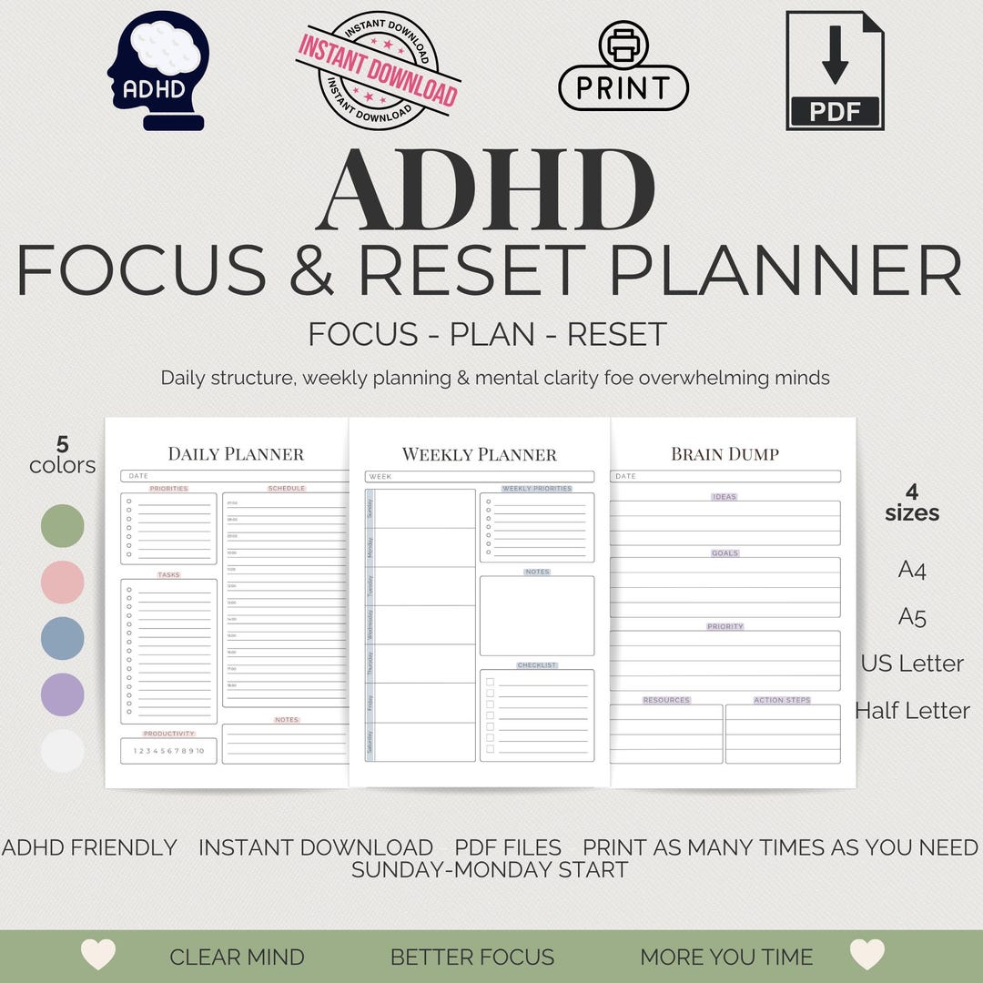 ADHD Focus & Reset Bundle Printable PDF, Daily Weekly Brain Dump ...
