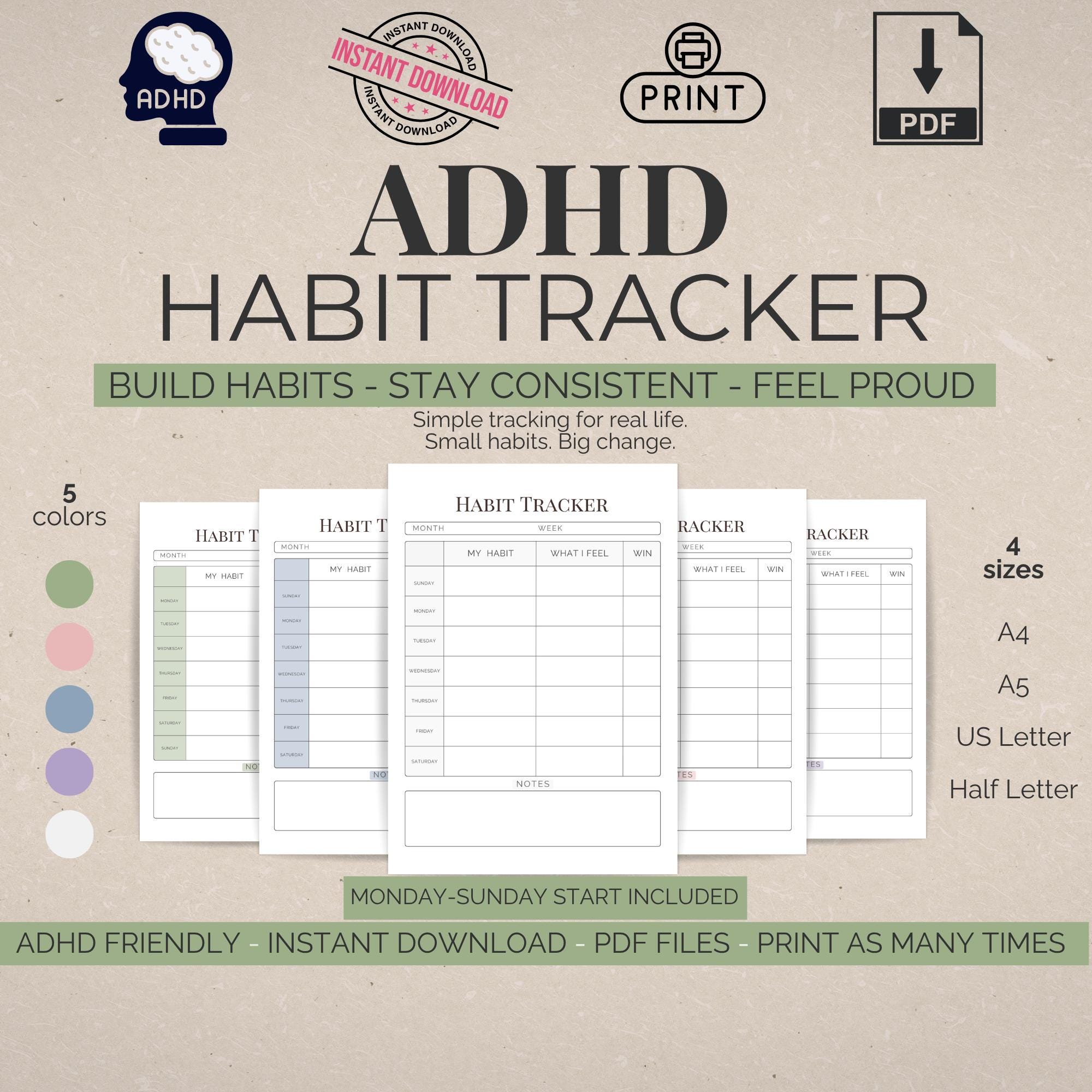 ADHD Habit Tracker Printable, Daily Habit Checklist PDF, Routine ...