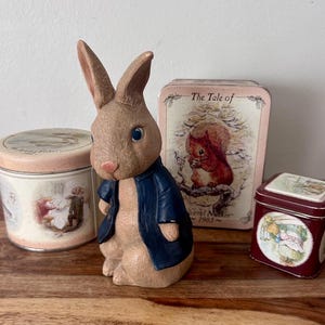 Vintage Beatrix Potter Nursery Storybook Set-3 Tins-Peter Rabbit Figurine- Woodland Cottagecore Keepsake Bundle