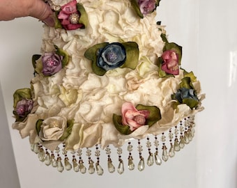 Vintage Ruffled Lampshade – Floral Rosettes, Beaded Fringe, Victorian Style