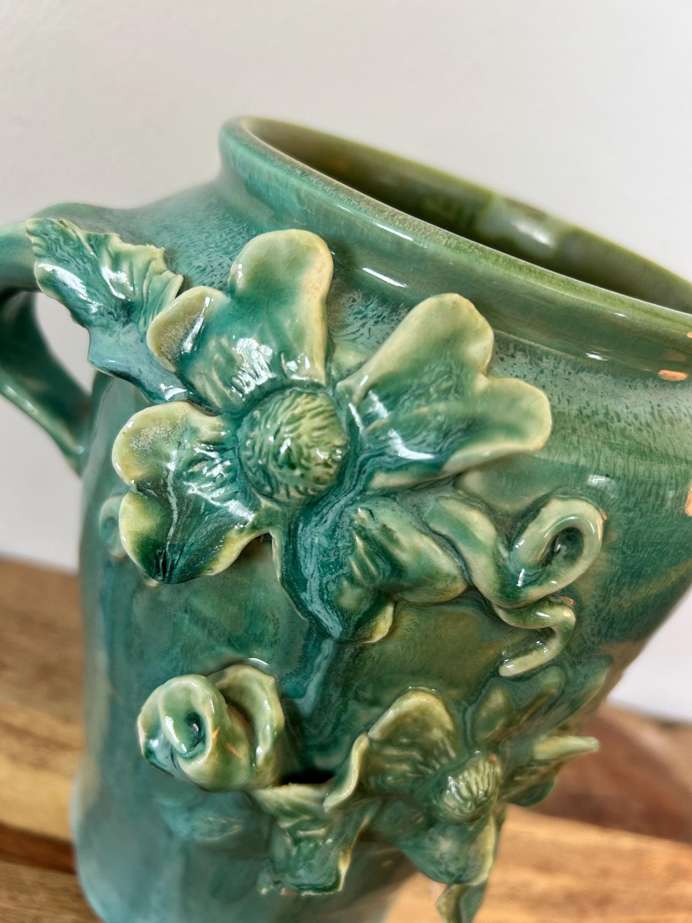 Vintage Artisan Hand Thrown Studio Pottery Vase | Teal Moss Drip Glaze ...