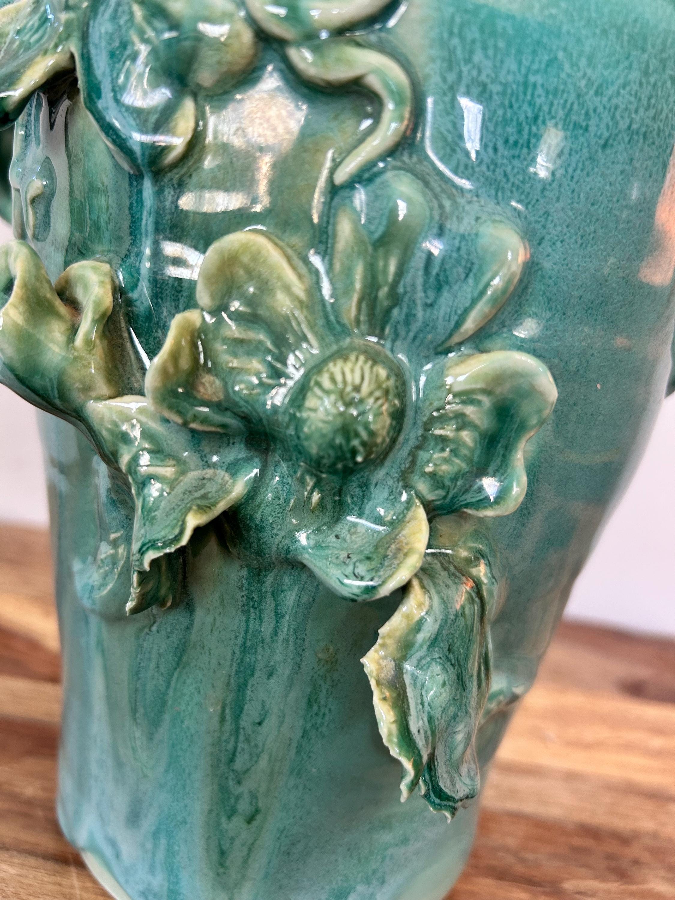 Vintage Artisan Hand Thrown Studio Pottery Vase | Teal Moss Drip Glaze ...