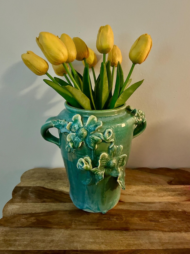 Vintage Artisan Hand Thrown Studio Pottery Vase | Teal Moss Drip Glaze ...