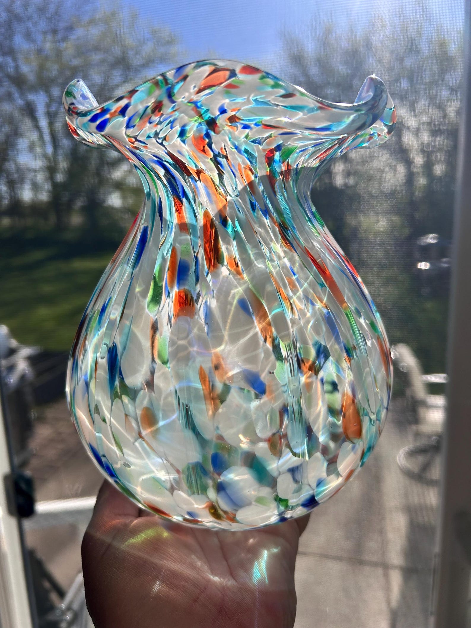Vintage Murano Style Confetti Glass Vase - Ruffled Rim - Multi Color Splatter