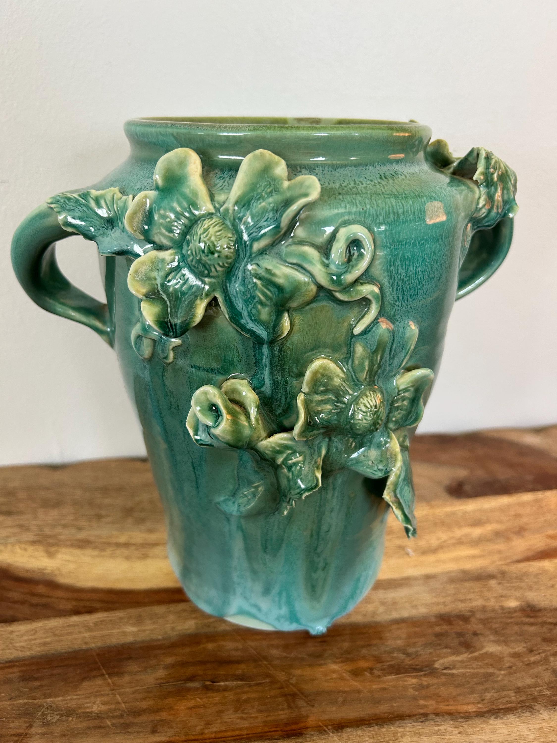 Vintage Artisan Hand Thrown Studio Pottery Vase | Teal Moss Drip Glaze ...
