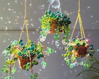 Handmade TRIO SET Mini Suncatcher Plants made of glass beads with over 260 beads, window decoration, suncatcher, succulent, hanging plant