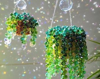 Handgemachtes DUO-SET Sonnenfänger-Pflanzen aus Glasperlen mit insgesamt über 500 Perlen, Fensterdekor, Suncatcher, Succulente, Hängepflanze