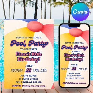 Könnte beinhalten: Einladung zur Poolparty mit einem Strandball-Design. Die Einladung lautet: "Du bist zu einer Poolparty eingeladen, um Finns 10. Geburtstag zu feiern!" mit Datum, Uhrzeit und Ort. Ein Smartphone zeigt die gleiche Einladung.