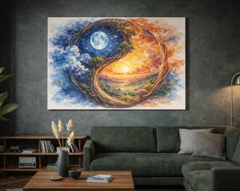 Yin Yang Nature Watercolor Art, Day Night Landscape Zen Canvas Print