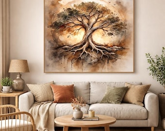 Watercolor Tree of Life Canvas Art, Rustic Boho Nature Decor, Earth Tone Painting
