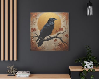 Black Raven on Branch Matte Canvas | Gold Halo Wall Art, Stretched 1.25"