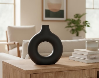Donut Kreis Vase | Matte Black Decor | Moderner minimalistischer Wohnakzent