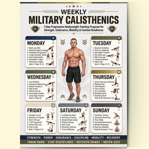 May include: A Weekly Military Calisthenics 7-Day Progressive Bodyweight Training Program poster featuring a central illustration of a muscular person in black shorts. The chart lists daily exercise routines from Monday to Sunday with text.