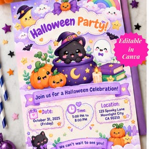 Einladung zur Halloween-Dumpling-Party | Niedliche Kawaii-Dumpling-Einladung | Glitzer-Thema | Bearbeitbare Canva-Vorlage | Digitaler Download
