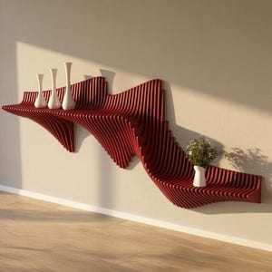 Puede incluir: Estantería de pared roja con un diseño ondulado moderno y único. La estantería, hecha de lamas verticales, sostiene tres jarrones blancos a la izquierda y un pequeño jarrón con flores a la derecha. Montada en una pared de color neutro.