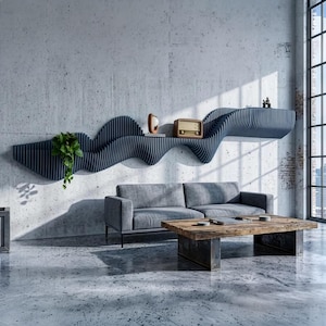 Large Parametric Floating Shelf – 3D Wave Architectural Wall Shelf – Custom Size & All RAL Colors