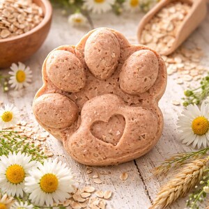 May include: A paw-shaped dog treat with a heart cutout, surrounded by daisies, oats, and wheat. The treat is light brown and appears to be made of oats. The background is a rustic white wooden surface.