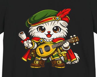 Bard Cat T-Shirt – Cute DnD Bard Kitten Shirt, Fantasy RPG Scottish Fold Tee, Tabletop Gamer Gift