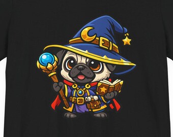 Cute Fantasy Pug Wizard Shirt – RPG Mage Dog Tee – DnD Wizard Dog – Chibi Magic Dog Fantasy Shirt – Tabletop Gamer Gift
