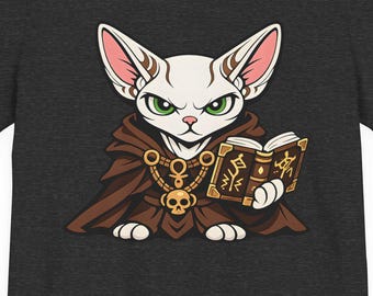 Sphynx Necromancer Cat Shirt – RPG Fantasy Cat T-Shirt, DnD Dark Wizard Kitty, Gothic Gamer Gift