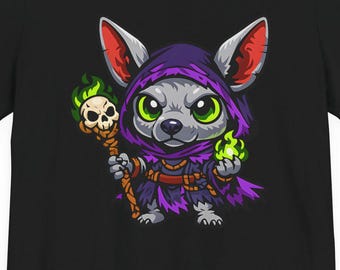 Necromancer Dog Shirt, Cute Fantasy RPG Tee, Chibi Dark Mage Puppy, DnD Necromancer Gift, Gothic Fantasy Gamer Shirt, Tabletop RPG Apparel