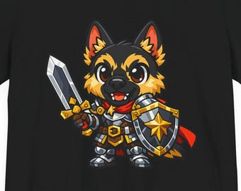 German Shepherd Warrior Dog Shirt, Fantasy RPG Dog T-Shirt, DnD Warrior Dog, Cute Chibi Fantasy Dog, Tabletop RPG Gamer Gift