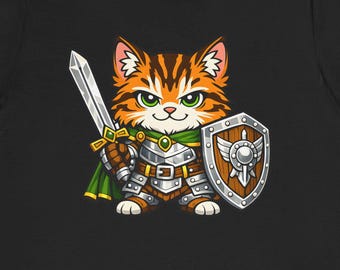 Fantasy Cat Warrior Shirt, Cute RPG Gamer Cat Tee, Knight Kitty Graphic T-Shirt, DnD Cat Lover Gift, Funny Fantasy Animal Shirt