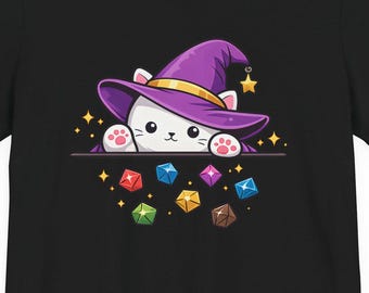 Cute Wizard Cat Dice Shirt, DnD Dice Cat Tee, Fantasy Tabletop RPG Shirt, Dice Goblin Cat, Dungeon Master Gift, RPG Gamer Shirt