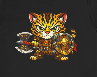 Fantasy Cat Warrior T-Shirt – Cute RPG Tiger Knight Shirt, DnD Fighter Cat, Chibi Fantasy Armor Tee, Gift for Tabletop Gamer