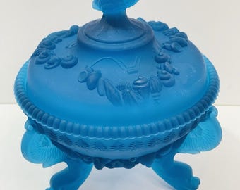 Westmoreland Argonaut Dolphin & Shell Deep Blue Satin Glass Covered Dish