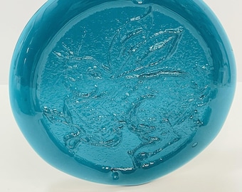 Vintage Blenko Myers 1960's Art Glass Suncatcher Peacock  Rabbit Hare 8.5 in