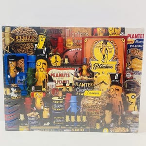 May include: A colorful collage featuring Planters Peanut products and Mr. Peanut figurines. The image includes jars of peanuts, clocks, and vintage packaging with the Planters logo. The overall theme is a celebration of the iconic snack.