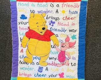Vtg Winnie the Pooh Piglet Holding Hands Disney Crib Quilt Blanket 1995