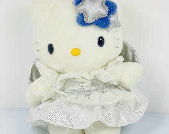 Vtg Sanrio Smiles Hello Kitty Angel Wings Blue Pillow Silver Stars 9" 2000 Plush