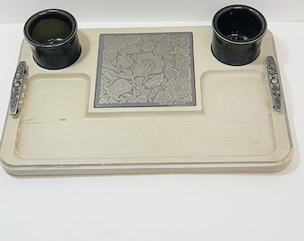 Georges Briard Wood Serving Tray Cheese Charcuterie with Cups MCM