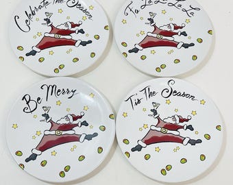 Vtg GANZ Bella Casa Dancing Christmas Santa W/Martini Plates Lot Of 4 Phrases