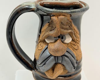 Vintage Funny 3D Face Mug, MMS Mahon Stoneware Pottery Mustache Man Signed