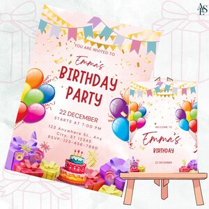 Op de afbeelding: Een uitnodiging voor een verjaardagsfeestje met de tekst "Emma's Birthday Party". De uitnodiging bevat kleurrijke ballonnen, confetti en cadeauverpakkingen. De datum en tijd van het feest staan er ook op. Een kleinere versie van de uitnodiging wordt op een houten ezel weergegeven.