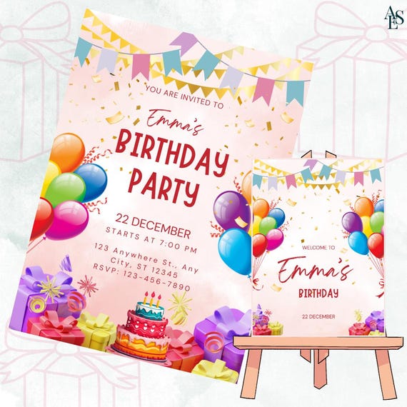 Modern Birthday Invitation Bundle, Mobile Invite and Welcome Sign, Canva Template Aura