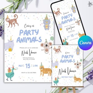 Könnte beinhalten: Party-Einladung mit dem Text "Calling all PARTY ANIMALS" und Illustrationen von Zeichentieren. Die Einladung enthält den Namen "Nick Vance", Datum, Uhrzeit und RSVP-Informationen. Ein Telefon zeigt das gleiche Design.