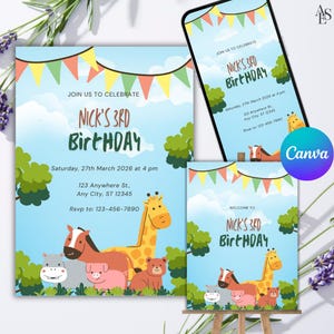Könnte beinhalten: Geburtstagseinladungen mit blauem Himmel und Wimpelkette. Die Einladungen tragen den Text "Nick's 3rd Birthday" und zeigen Zeichentricktiere wie eine Giraffe, ein Pferd, einen Bären und ein Schwein. Datum, Uhrzeit und RSVP-Informationen sind ebenfalls enthalten.