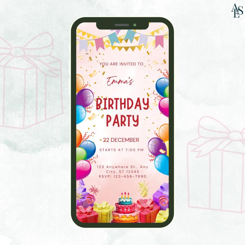 Op de afbeelding: Digitale verjaardagsfeestuitnodiging op een smartphonescherm. Het ontwerp toont kleurrijke ballonnen, confetti en cadeauverpakkingen. Tekst bevat "Emma's BIRTHDAY PARTY", datum, tijd en RSVP-informatie. De achtergrond is zachtroze.