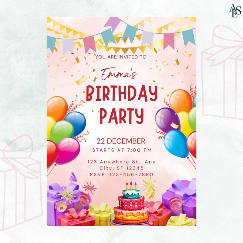 Op de afbeelding: Een verjaardagsuitnodiging met een roze achtergrond, kleurrijke ballonnen en cadeauverpakkingen. De tekst luidt "Emma's Birthday Party" met datum en tijd. Een taart met kaarsen is ook te zien.