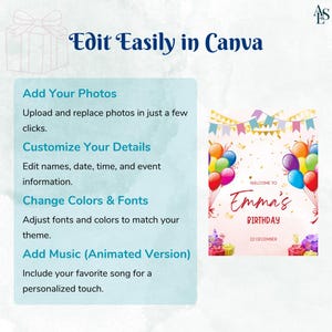 Op de afbeelding: Een promotionele afbeelding met de tekst "Edit Easily in Canva". Bevat instructies over het toevoegen van foto's, het aanpassen van details, het wijzigen van kleuren en lettertypen en het toevoegen van muziek. Een verjaardagsbanner met ballonnen en de naam "Emma's" is ook te zien.