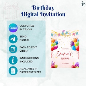 Op de afbeelding: Een digitale verjaardagsuitnodiging met de tekst "Birthday Digital Invitation". De uitnodiging toont kleurrijke ballonnen, confetti en de naam "Emma's" met de datum "22 december". Extra tekst omvat "Aanpassen in Canva" en "Digitaal verzenden".